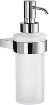 Solid brass dispenser finished in Polished Chrome, with frosted glass receptacle.